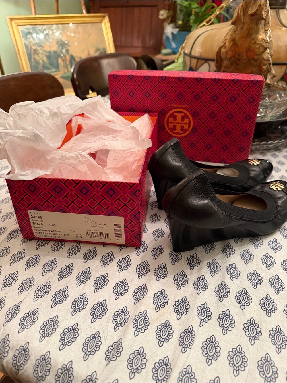 Tory Burch Black Leather Wedge Ballet Flats with Logo Hardware
